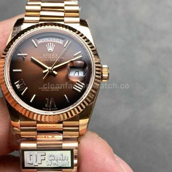 QF Factory Counterweight Rolex Day-Date 128235-0075 36mm Full Rose Gold Roman Numerals Brown Dial