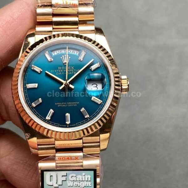 QF Factory Counterweight Rolex Day-Date 128235-0085 36mm Full Rose Gold Baguette Diamonds Dark Blue Dial