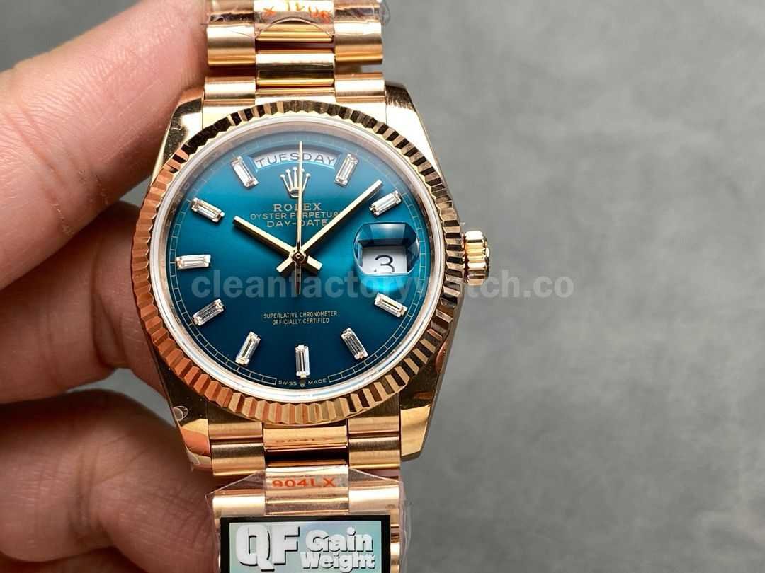 QF Factory Counterweight Rolex Day Date 128235 0085 36mm Full Rose Gold Baguette (1)