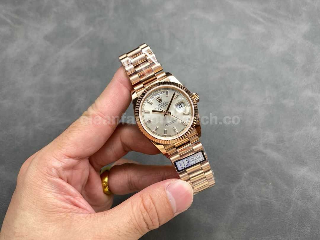 QF Factory Counterweight Rolex Day Date 128235 0087 36mm Full Rose Gold Baguette Di (4)