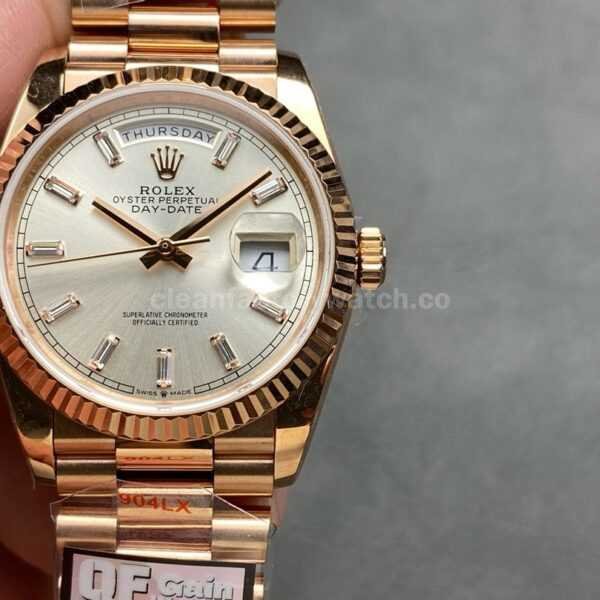 QF Factory Counterweight Rolex Day-Date 128235-0087 36mm Full Rose Gold Baguette Diamond Silver Dial