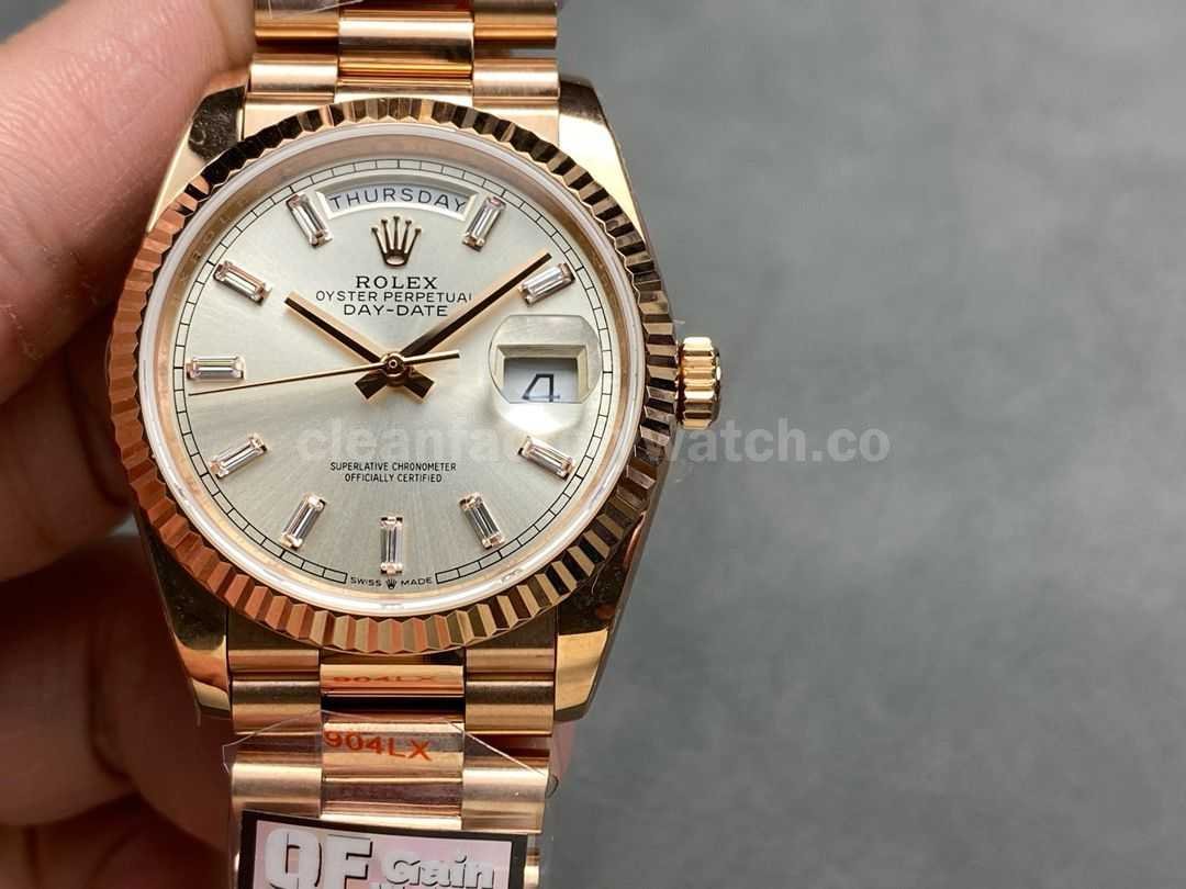 QF Factory Counterweight Rolex Day Date 128235 0087 36mm Full Rose Gold Baguette Di (9)