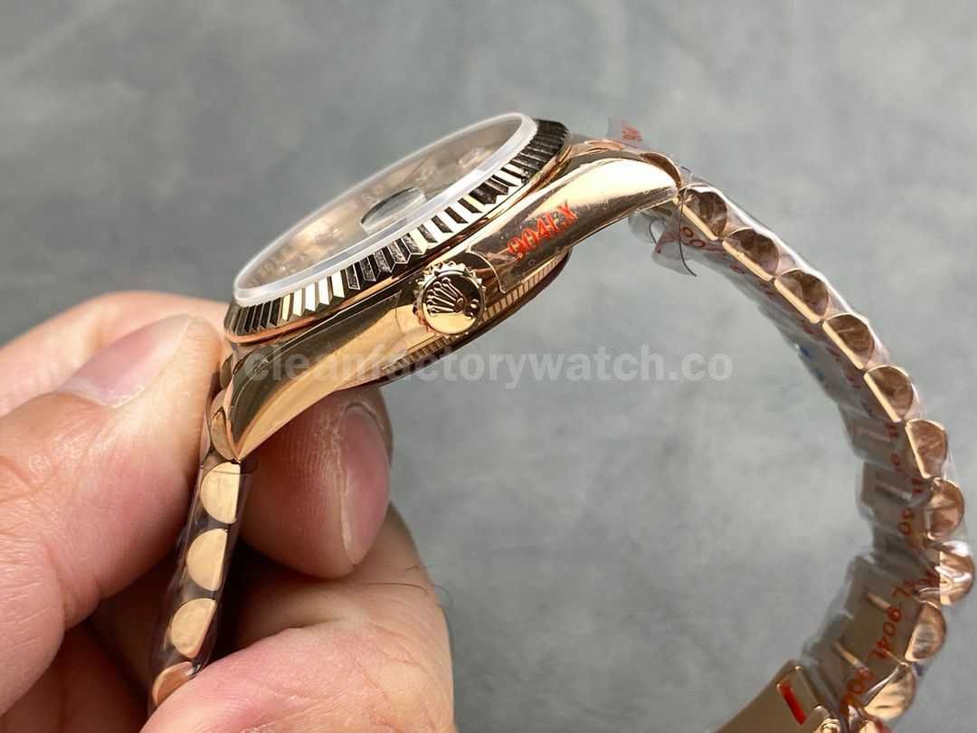 QF Factory Counterweight Rolex Day Date 128235 0087 36mm Full Rose Gold Baguette Di