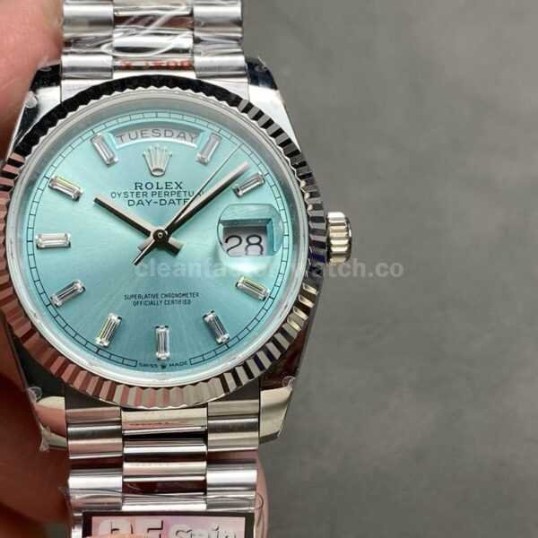 QF Factory Counterweight Rolex Day-Date 128236-0009 36mm Full 904L Baguette Diamond Ice Blue Dial