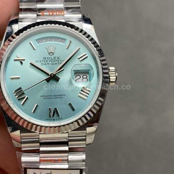 QF Factory Counterweight Rolex Day-Date 128236-0018 36mm Full 904L Roman Numerals Ice Blue Dial