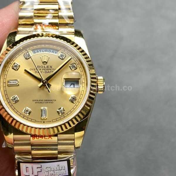 QF Factory Counterweight Rolex Day-Date 128238-0008 36mm Full Yellow Gold Diamond Mope&Baguette Diamond Gold Dial