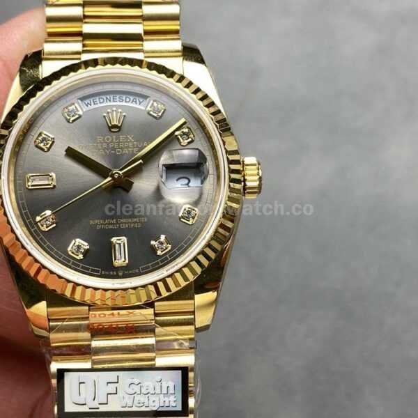 QF Factory Counterweight Rolex Day-Date 128238-0022 36mm Full Yellow Gold Diamond Mope&Baguette Diamond Grey Dial