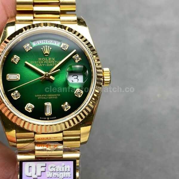 QF Factory Counterweight Rolex Day-Date 128238-0069 36mm Full Yellow Gold Diamond Mope&Baguette Diamond Green Dial