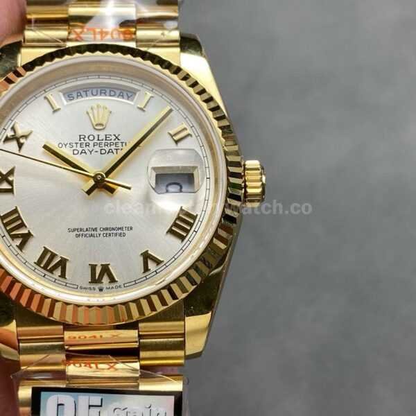 QF Factory Counterweight Rolex Day-Date 128238-0076 36mm Full Yellow Gold Roman Numerals Silver Dial