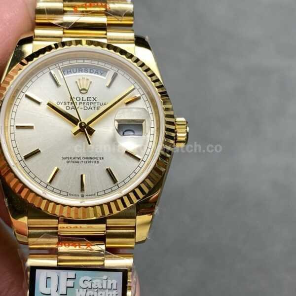 QF Factory Counterweight Rolex Day-Date 128238-0081 36mm Full Yellow Gold Silver Dial