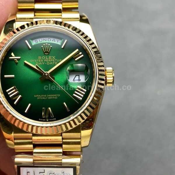 QF Factory Counterweight Rolex Day-Date 128238-0118 36mm Full Yellow Gold Roman Numerals Green Dial
