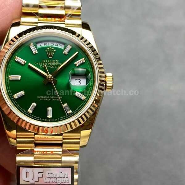 QF Factory Counterweight Rolex Day-Date 128238-0130 36mm Full Yellow Gold Baguette Diamond Green Dial