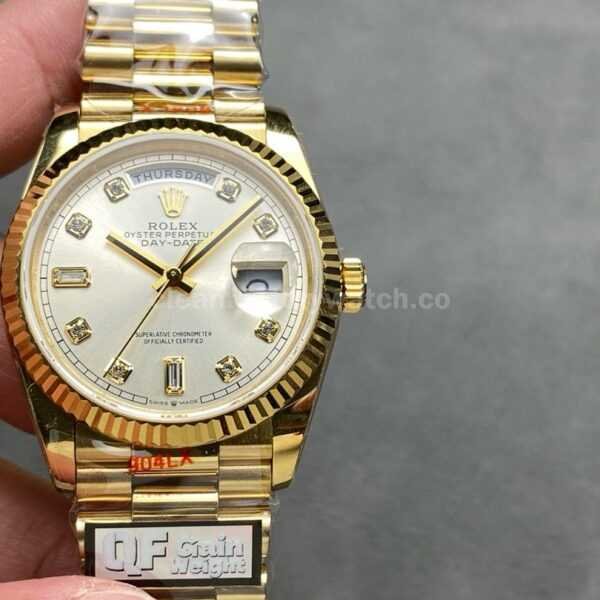 QF Factory Counterweight Rolex Day-Date 128238 36mm Full Yellow Gold Diamond Mope&Baguette Diamond Silver Dial