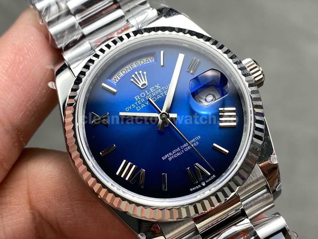 QF Factory Counterweight Rolex Day Date 128239 0063 36mm Full 904L Roman Numerals Blue Dial (3)