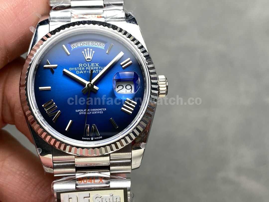 QF Factory Counterweight Rolex Day Date 128239 0063 36mm Full 904L Roman Numerals Blue Dial (5)