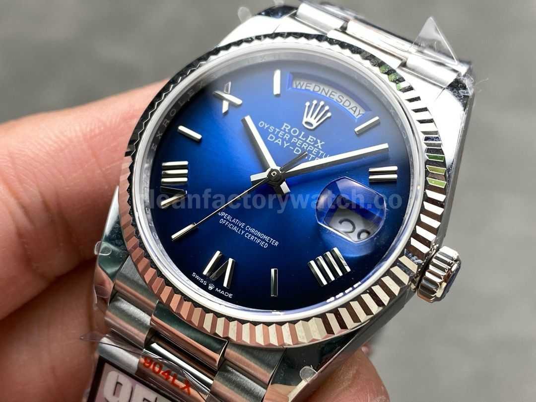 QF Factory Counterweight Rolex Day Date 128239 0063 36mm Full 904L Roman Numerals Blue Dial (7)
