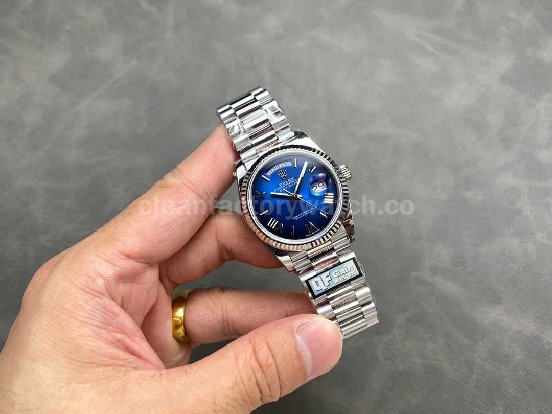QF Factory Counterweight Rolex Day Date 128239 0063 36mm Full 904L Roman Numerals Blue Dial (8)