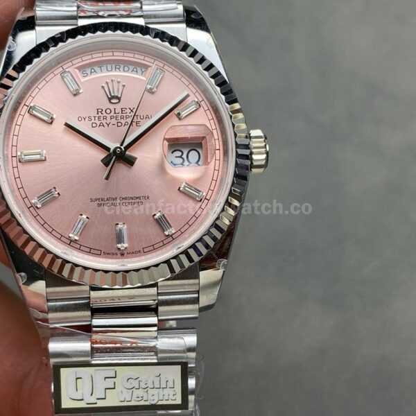QF Factory Counterweight Rolex Day-Date 128239-0071 36mm Full 904L Baguette Diamond Pink Dial