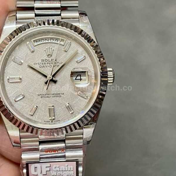 QF Factory Counterweight Rolex Day-Date 228239-0055 40mm Full White Gold Baguette Diamond Meteorite Dial