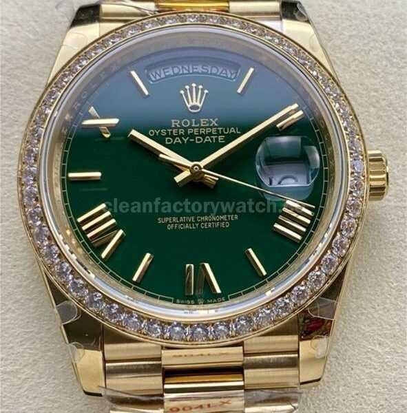 QF Factory Counterweight Rolex Day-Date 228348RBR-0045 40mm Diamond Bezel Full Yellow Gold Roman Number Green Dial