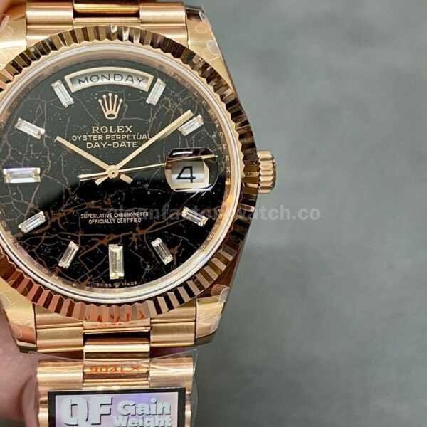 QF Factory Counterweight Rolex Day-Date 228235-0045 40mm Full Rose Gold Baguette Diamond Black Dial