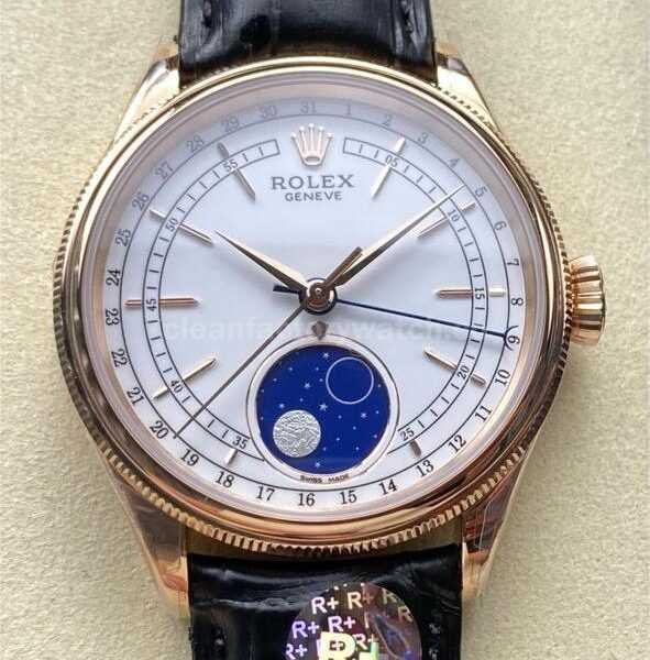 R+ Factory Counterweight Rolex Cellini Moonphase 50535-0002 39mm Rose Gold Black Leather Strap White Dial