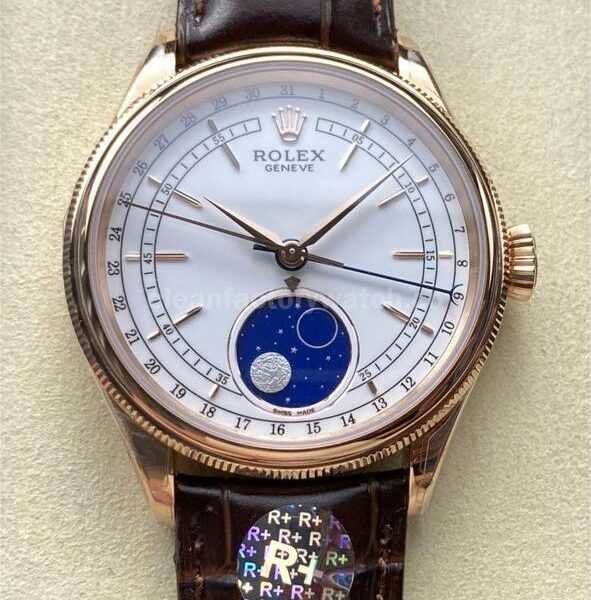 R+ Factory Counterweight Rolex Cellini Moonphase 50535-0002 39mm Rose Gold Brown Leather Strap White Dial