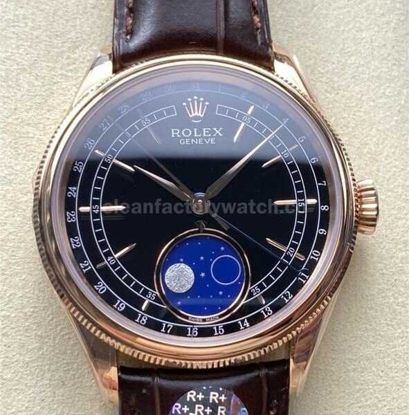 R+ Factory Counterweight Rolex Cellini Moonphase 50535 39mm Rose Gold Brown Leather Strap Black Dial