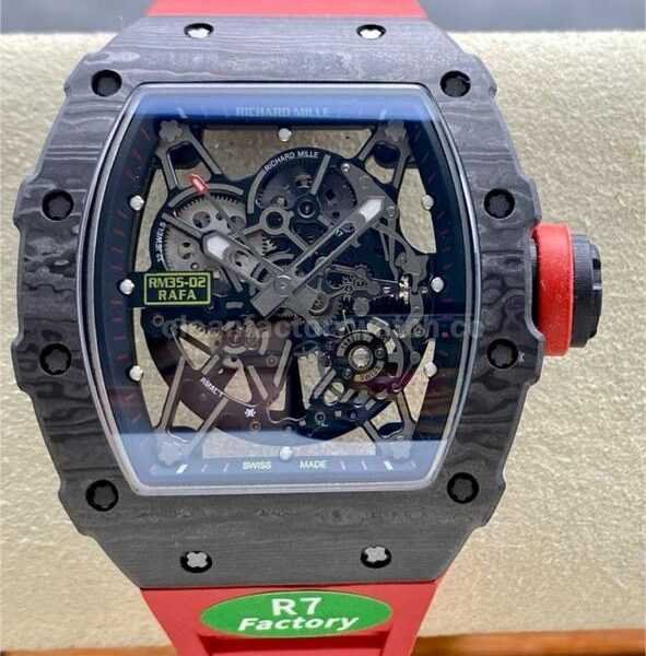 R7 Factory Richard Mille RM35-02 44.5mm Carbon Fiber Red Rubber Strap Skeletonized Dial