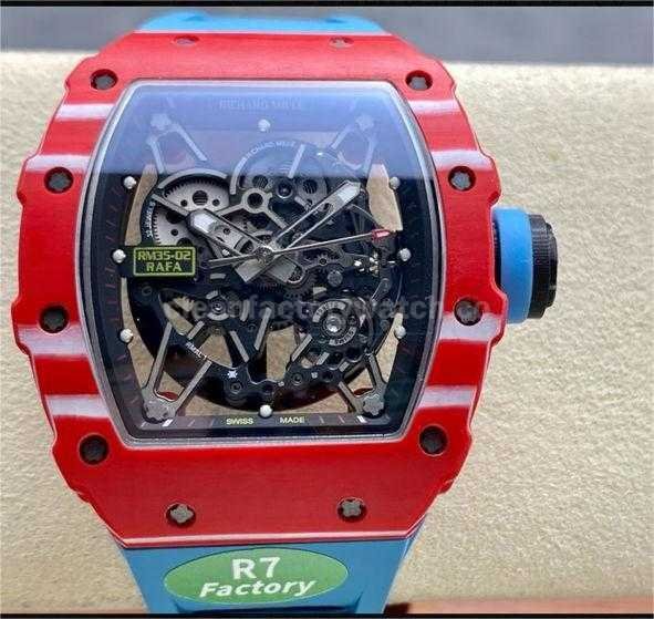R7 Factory Richard Mille RM35-02 44.5mm Red Carbon Fiber Blue Rubber Strap Skeletonized Dial