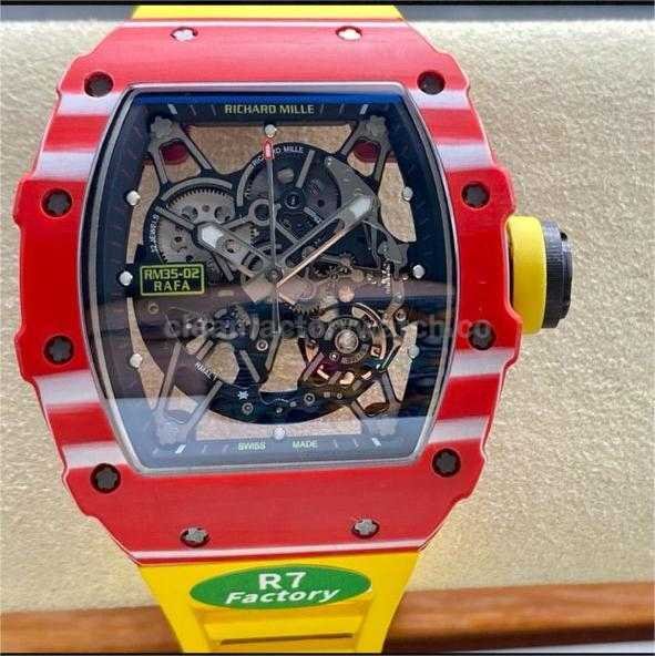 R7 Factory Richard Mille RM35-02 44.5mm Red Carbon Fiber Yellow Rubber Strap Skeletonized Dial