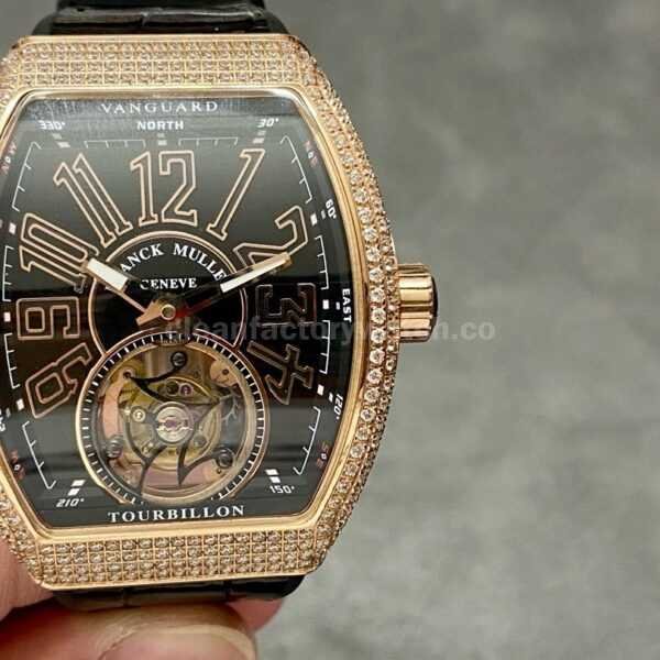 RMS Factory Franck Muller Vanguard Tourbillon V 45 T D (NR) 44mm Diamond Rose Gold Rubber Strap Black Skeleton Dial