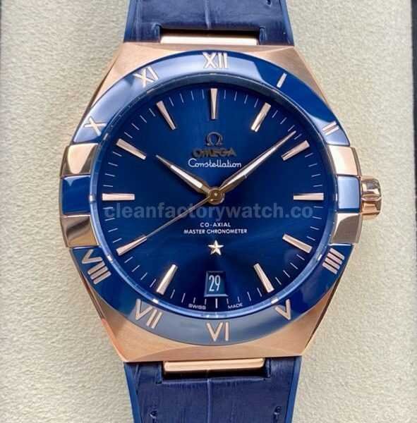 SBF Factory Omega Constellation Co-Axial Master Chronometer 131.63.41.21.03.001 41mm Rose Gold Leather Strap Blue Dial