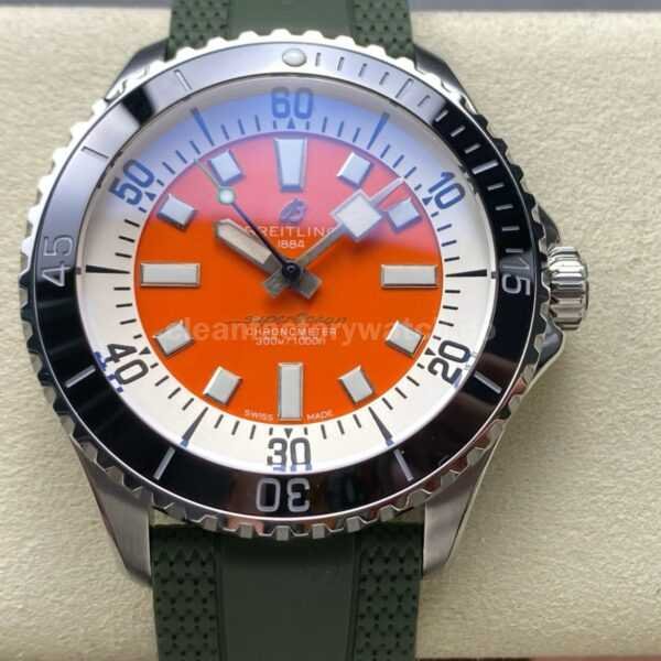 TF Factory Breitling Superocean A173751A1O1S1 44mm Black Bezel Steel Green Rubber Strap Orange Dial