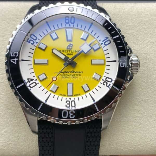 TF Factory Breitling Superocean A17375211I1S1 44mm Black Bezel Steel Black Rubber Strap Yellow Dial