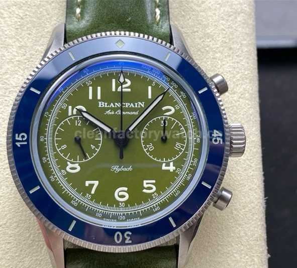 TW Factory Blancpain Air Command AC02-12B53-63B 42.5mm Blue Ceramic Steel Calfskin Vintage Leather Strap Avocado Green Dial