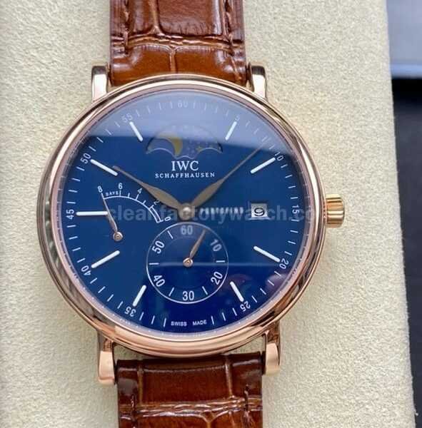 TWA Factory IWC Portofino Hand-Wound IW516407 45mm Rose Gold Needle Rose Gold Brown Leather Strap Blue Dial