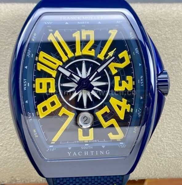 T+plus Factory Franck Muller V45 Yacht Limited Edition 45mm Blue Ceramic Rubber Strap Yellow Arabic Numerals Blue Dial