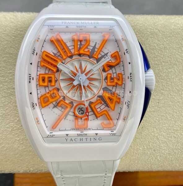 T+plus Factory Franck Muller V45 Yacht Limited Edition 45mm White Ceramic Rubber Strap Orange Arabic Numerals White Dial