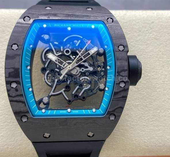 UOK Factory Richard Mille RM055 42.7mm Carbon Fiber Black Rubber Strap Blue Edge Skeletonized Dial