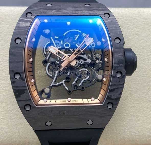 UOK Factory Richard Mille RM055 42.7mm Carbon Fiber Black Rubber Strap Rose Gold Edge Skeletonized Dial