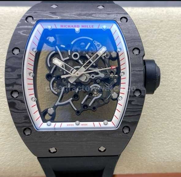 UOK Factory Richard Mille RM055 42.7mm Carbon Fiber Black Rubber Strap White Edge Skeletonized Dial