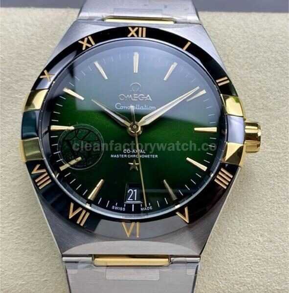 V+ Factory Omega Constellation 131.23.41.21.10.001 41mm Black Ceramic Bezel Half Gold&Steel Green Dial