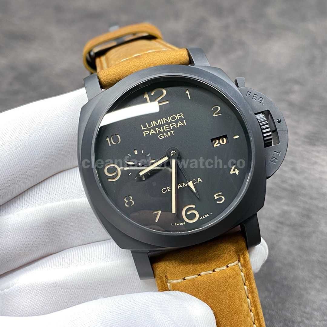VS Factory Panerai Luminor 1950 3 Days GMT PAM 00441 44mm Black Ceramic Leather Strap Black D (5)