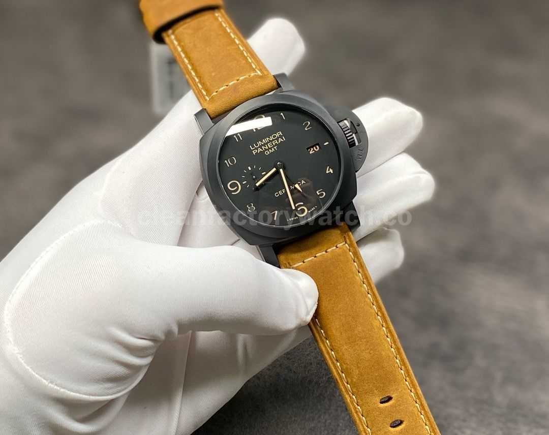 VS Factory Panerai Luminor 1950 3 Days GMT PAM 00441 44mm Black Ceramic Leather Strap Black D