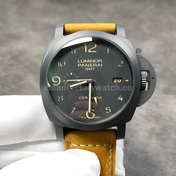 VS Factory Panerai Luminor 1950 3 Days GMT PAM 00441 44mm Black Ceramic Leather Strap Black Dial