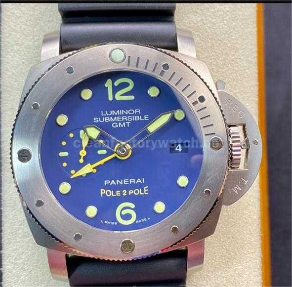 VS Factory Panerai Luminor Submersible GMT PAM 00719  47mm Titanium Black Rubber Strap Blue Dial