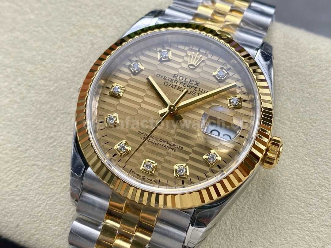 VS Factory Rolex Datejust 126233 0045 36mm Half Yellow Gold Diamond Fluted Motif Champagne (8)