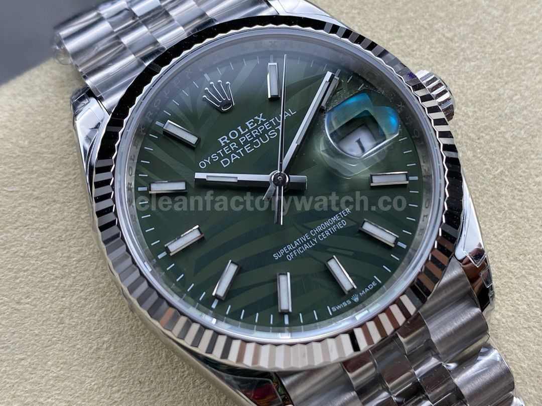 VS Factory Rolex Datejust 126234 0047 36mm Full 904L Olive Green Palm Motif Dial Jubilee (6)
