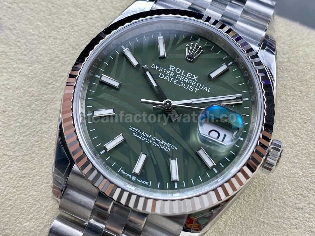 VS Factory Rolex Datejust 126234 0047 36mm Full 904L Olive Green Palm Motif Dial Jubilee (7)